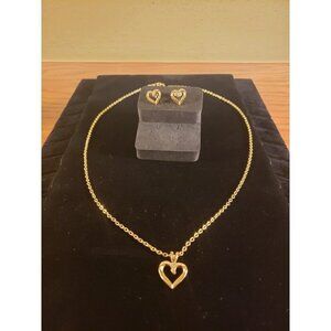 Heart Necklace and Stud Earrings Set Dainty Rhinestone Goldtone Vintage